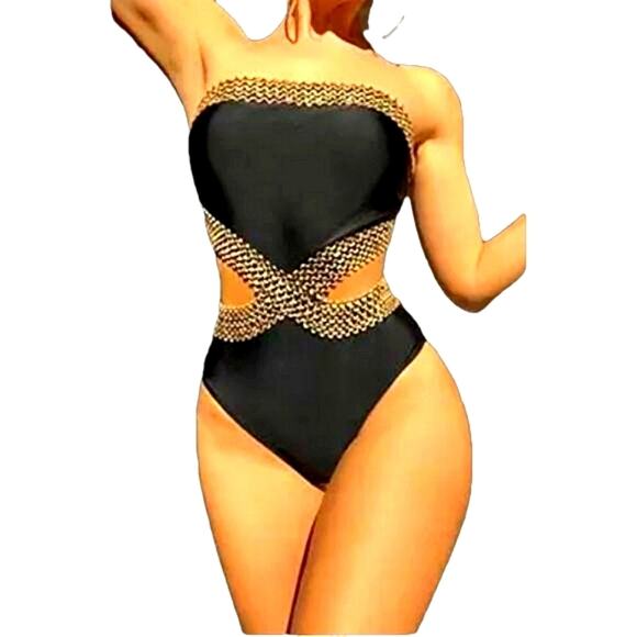 Cut-Out Black One-Piece Swimsuit w/ Gold Mesh Detail | NWOT | Small - Picture 1 of 9